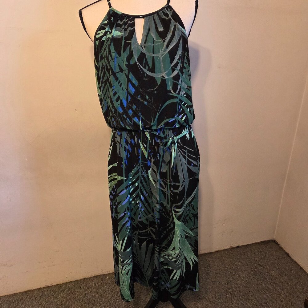 London Times 12P Black/Green/Blue Halter Jumpsuit w/V-Neck Keyhole & Zipper Back
